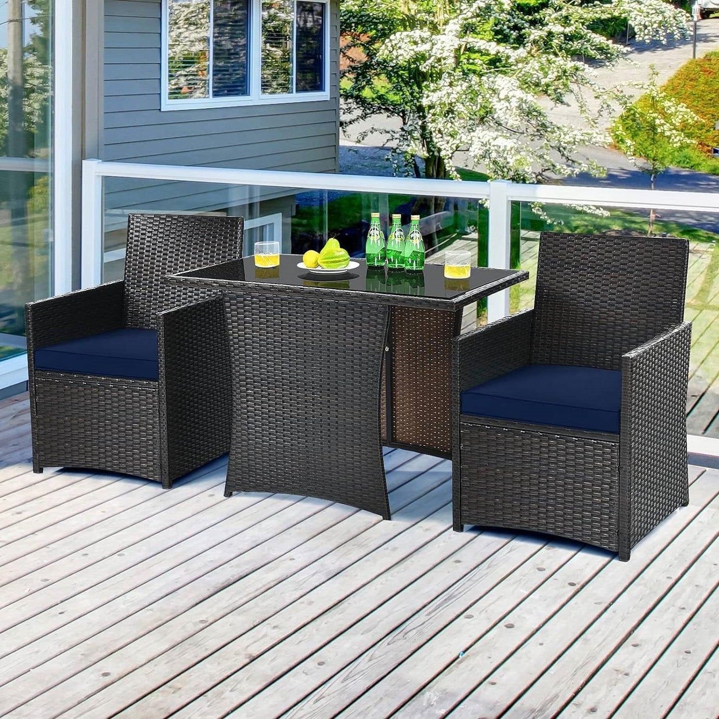 3-Piece Patio Furniture Outdoor Dining Set Brown PE Rattan Navy Blue Cushions - Tampa Home & Garden Store