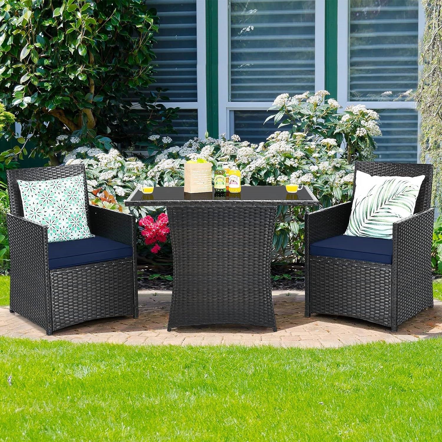 3-Piece Patio Furniture Outdoor Dining Set Brown PE Rattan Navy Blue Cushions - Tampa Home & Garden Store