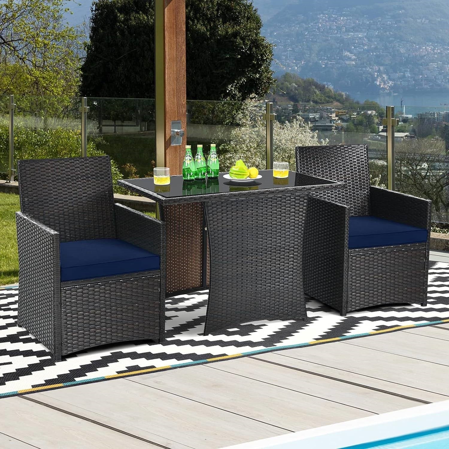 3-Piece Patio Furniture Outdoor Dining Set Brown PE Rattan Navy Blue Cushions - Tampa Home & Garden Store