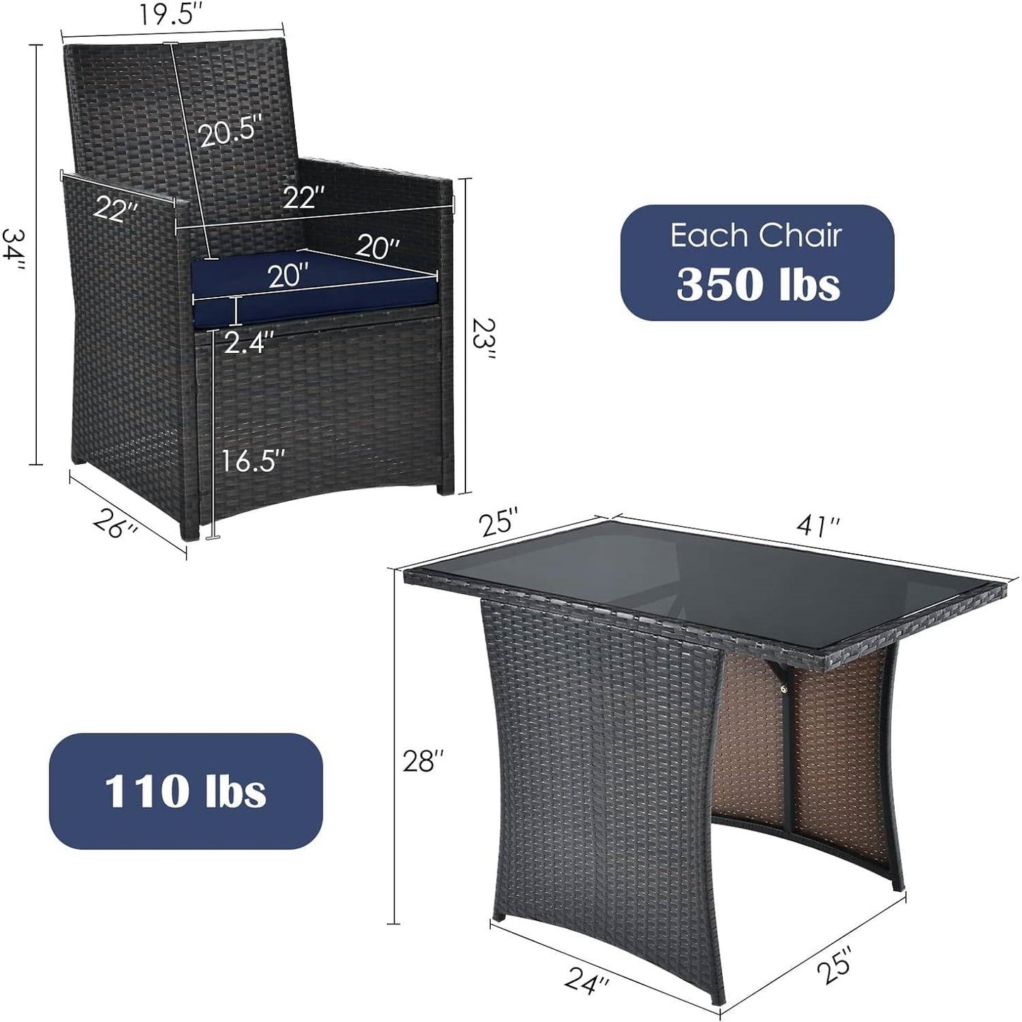 3-Piece Patio Furniture Outdoor Dining Set Brown PE Rattan Navy Blue Cushions - Tampa Home & Garden Store