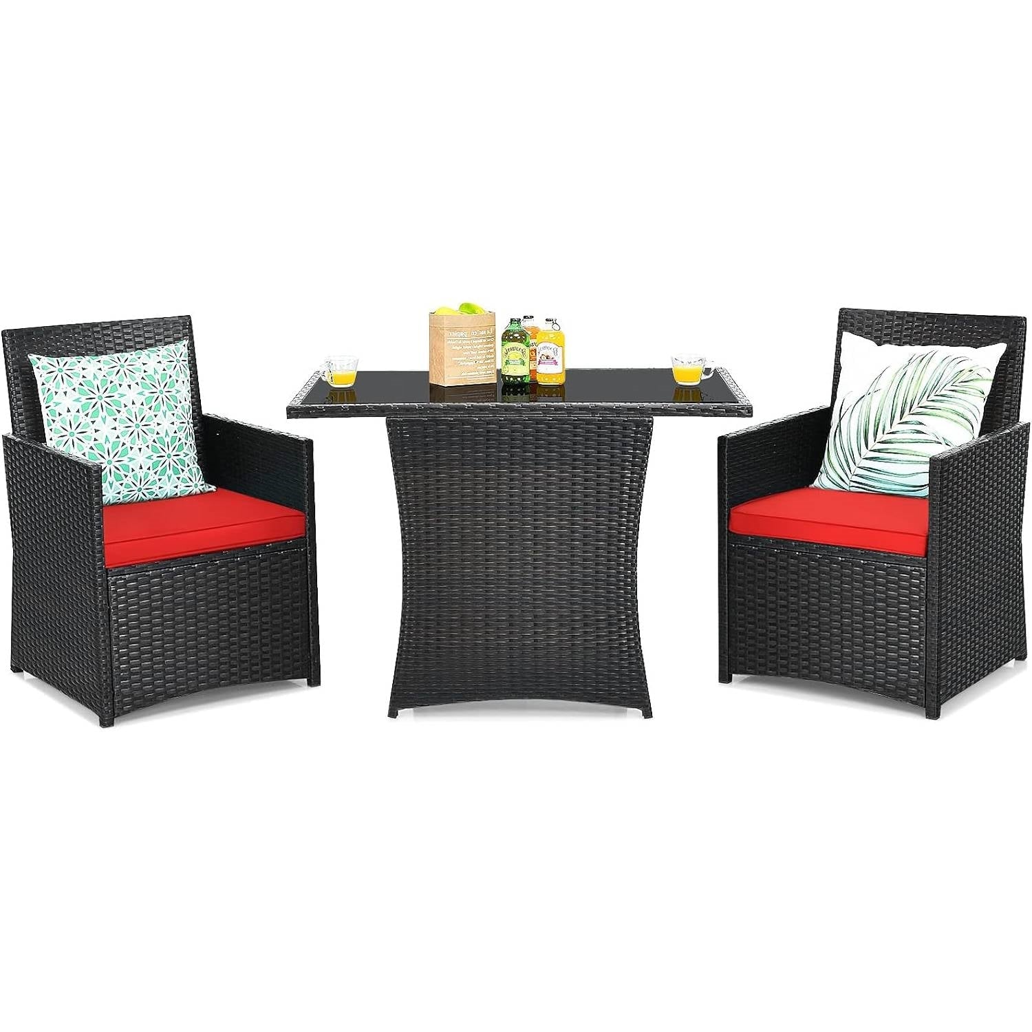 3-Piece Patio Furniture Outdoor Dining Set in Brown PE Rattan with Red Cushions - Tampa Home & Garden Store
