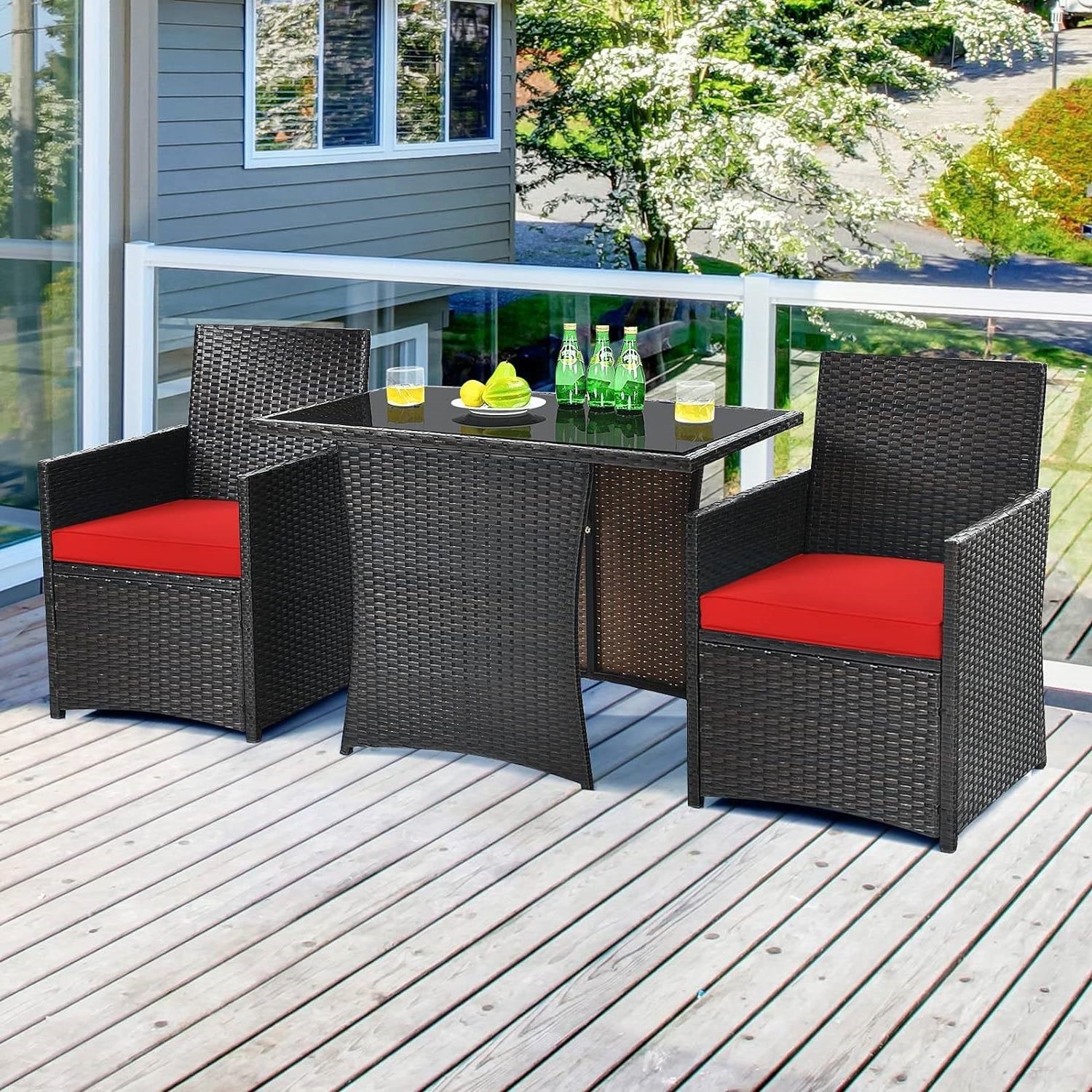 3-Piece Patio Furniture Outdoor Dining Set in Brown PE Rattan with Red Cushions - Tampa Home & Garden Store
