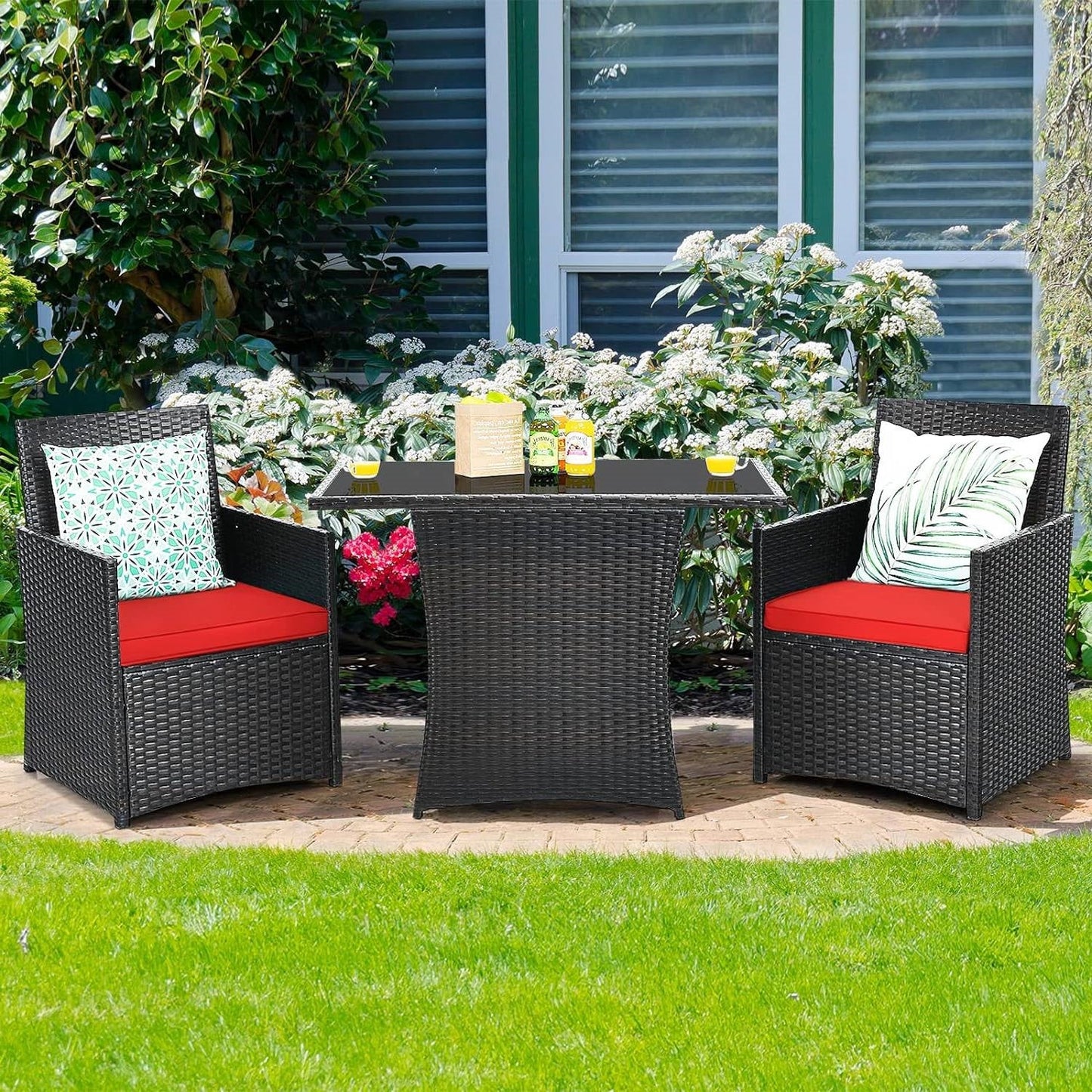 3-Piece Patio Furniture Outdoor Dining Set in Brown PE Rattan with Red Cushions - Tampa Home & Garden Store