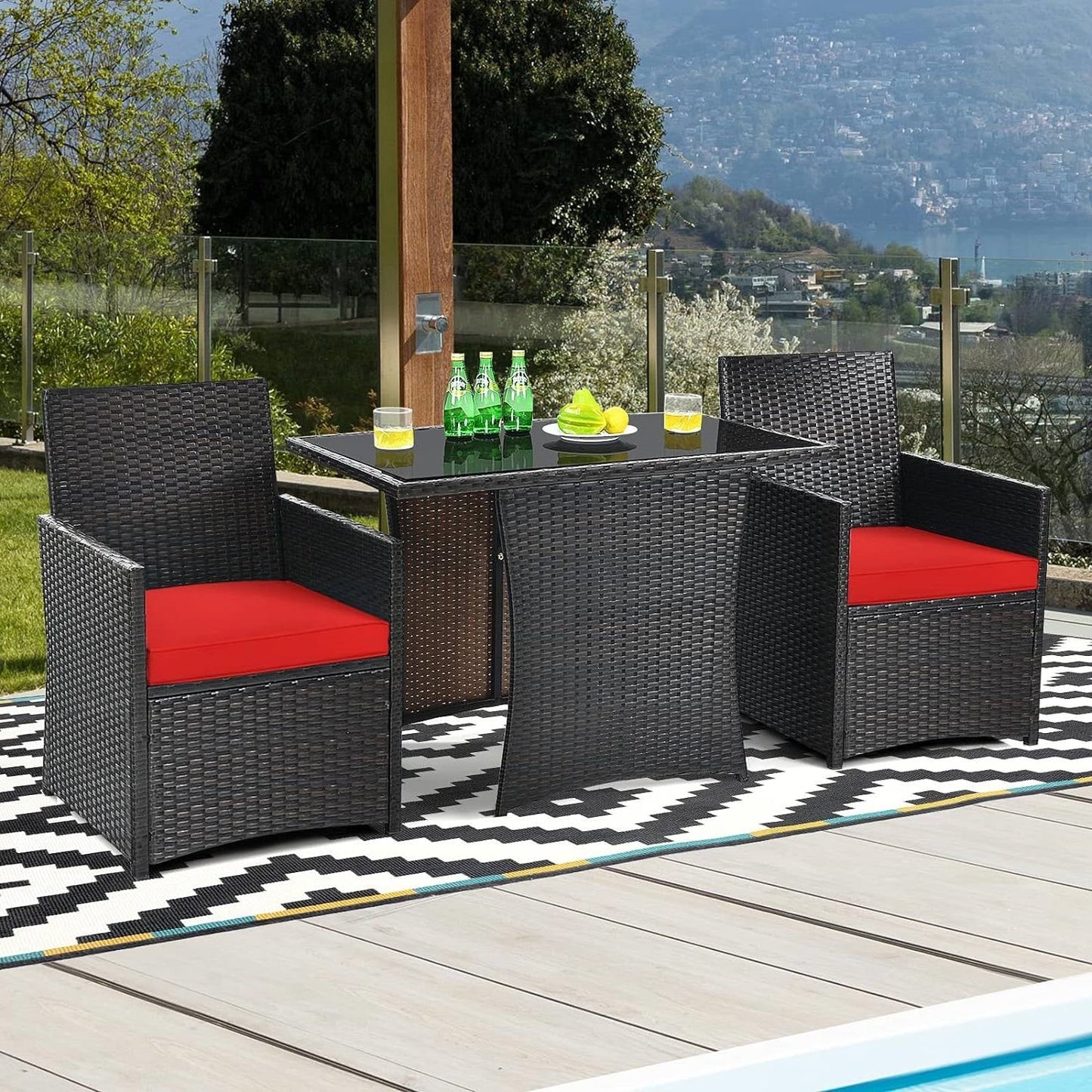3-Piece Patio Furniture Outdoor Dining Set in Brown PE Rattan with Red Cushions - Tampa Home & Garden Store