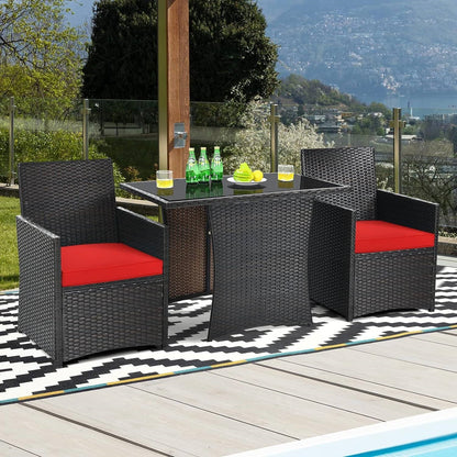 3-Piece Patio Furniture Outdoor Dining Set in Brown PE Rattan with Red Cushions - Tampa Home & Garden Store
