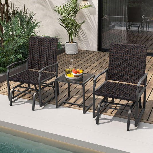 3 Piece Patio Gliding Set with Tempered Glass Coffee Table All Weather-Brown - Tampa Home & Garden Store