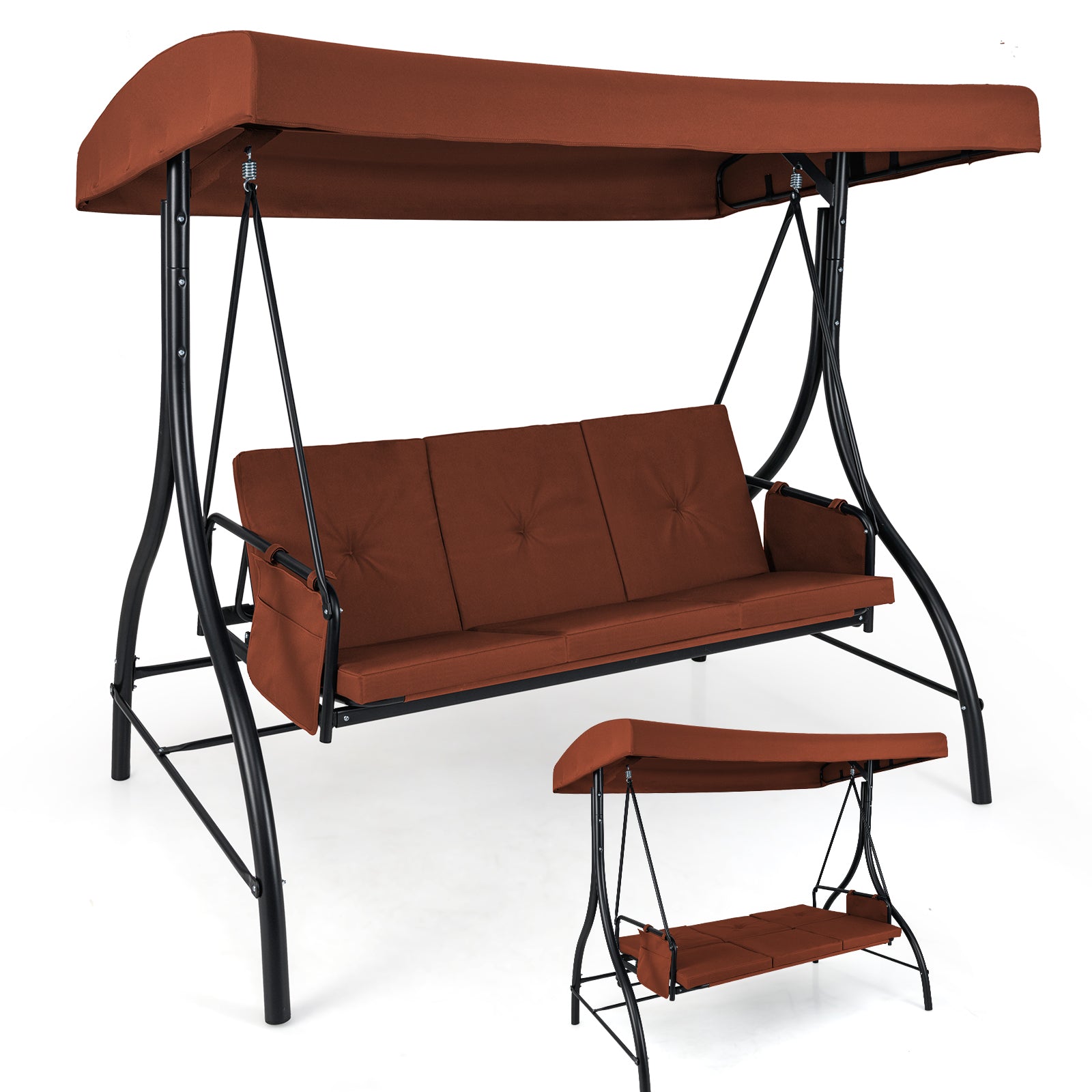 3-Piece Patio Swing with Canopy Removable Cushions and Side Pockets-Brown - Tampa Home & Garden Store