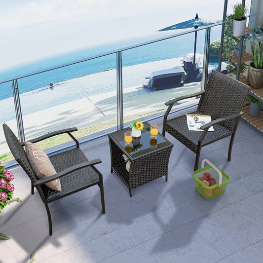 3 Piece Patio Wicker Chair Set with Quick Dry Foam Cushions All Weather - Tampa Home & Garden Store
