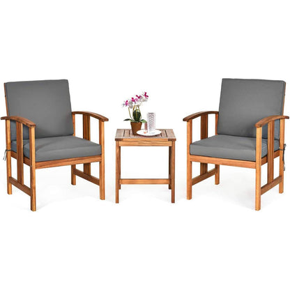 3-Piece Solid Wood Outdoor Patio Furniture Chairs Table Set with Grey Cushions - Tampa Home & Garden Store