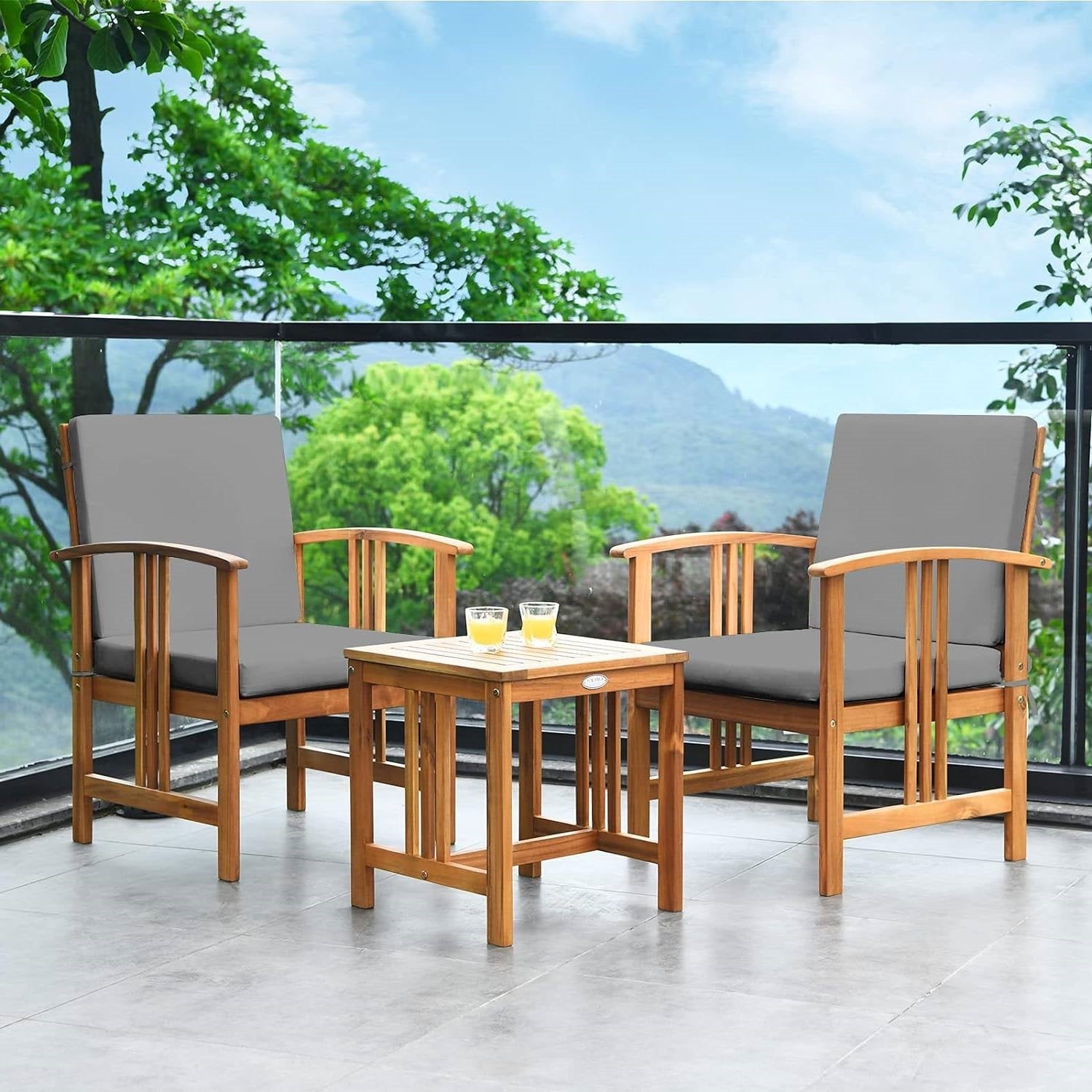 3-Piece Solid Wood Outdoor Patio Furniture Chairs Table Set with Grey Cushions - Tampa Home & Garden Store