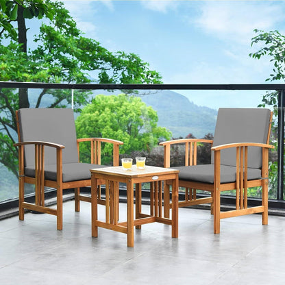 3-Piece Solid Wood Outdoor Patio Furniture Chairs Table Set with Grey Cushions - Tampa Home & Garden Store