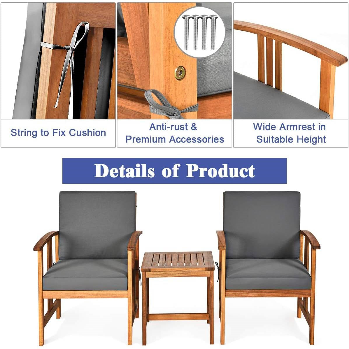 3-Piece Solid Wood Outdoor Patio Furniture Chairs Table Set with Grey Cushions - Tampa Home & Garden Store