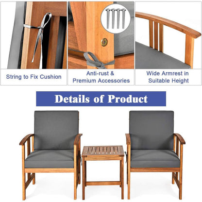 3-Piece Solid Wood Outdoor Patio Furniture Chairs Table Set with Grey Cushions - Tampa Home & Garden Store