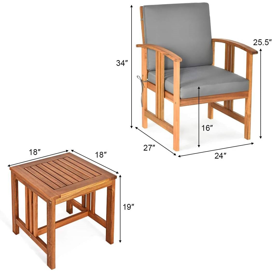 3-Piece Solid Wood Outdoor Patio Furniture Chairs Table Set with Grey Cushions - Tampa Home & Garden Store