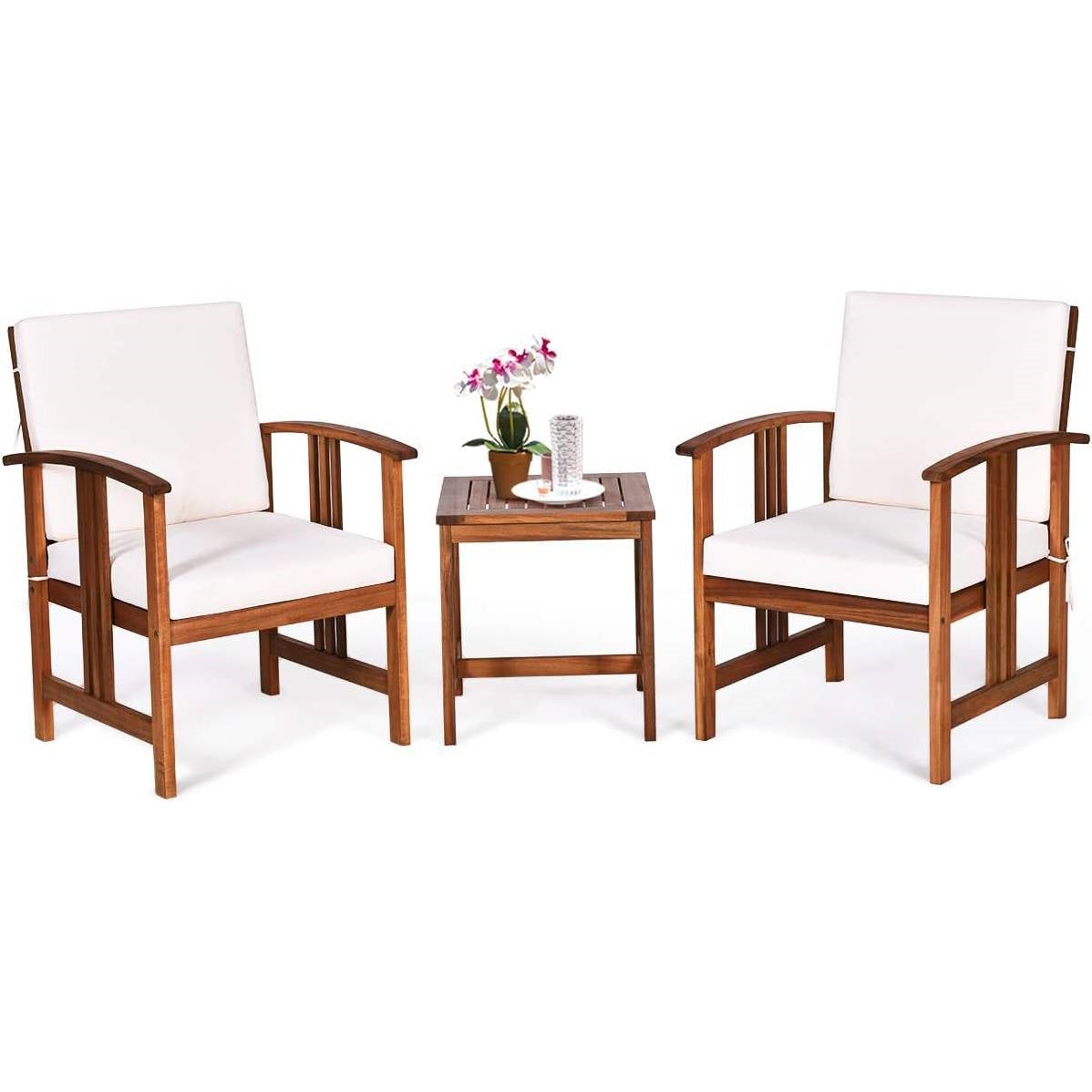 3-Piece Solid Wood Outdoor Patio Furniture Table Chairs Set with White Cushions - Tampa Home & Garden Store
