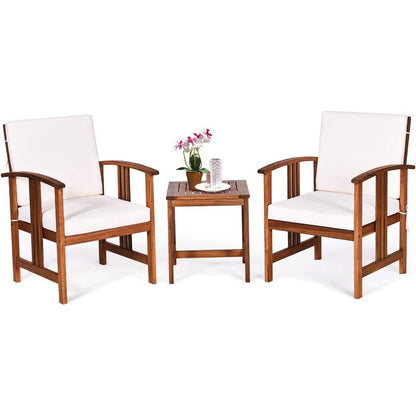 3-Piece Solid Wood Outdoor Patio Furniture Table Chairs Set with White Cushions - Tampa Home & Garden Store