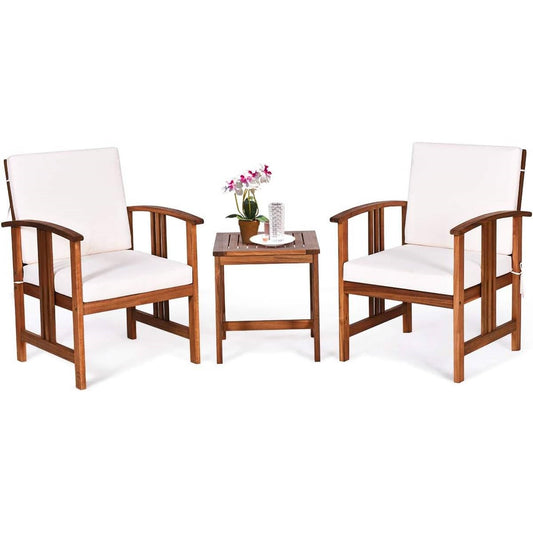 3-Piece Solid Wood Outdoor Patio Furniture Table Chairs Set with White Cushions - Tampa Home & Garden Store