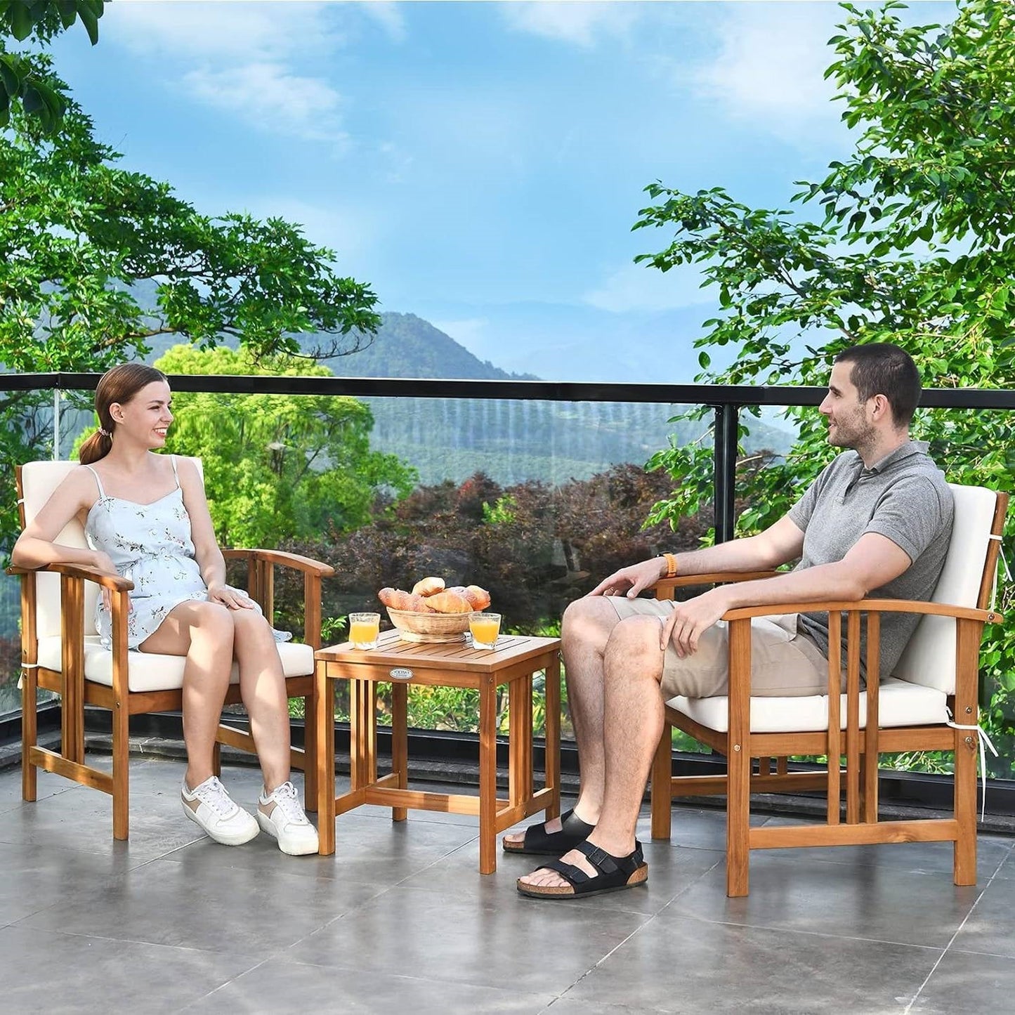3-Piece Solid Wood Outdoor Patio Furniture Table Chairs Set with White Cushions - Tampa Home & Garden Store