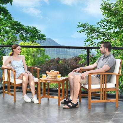 3-Piece Solid Wood Outdoor Patio Furniture Table Chairs Set with White Cushions - Tampa Home & Garden Store