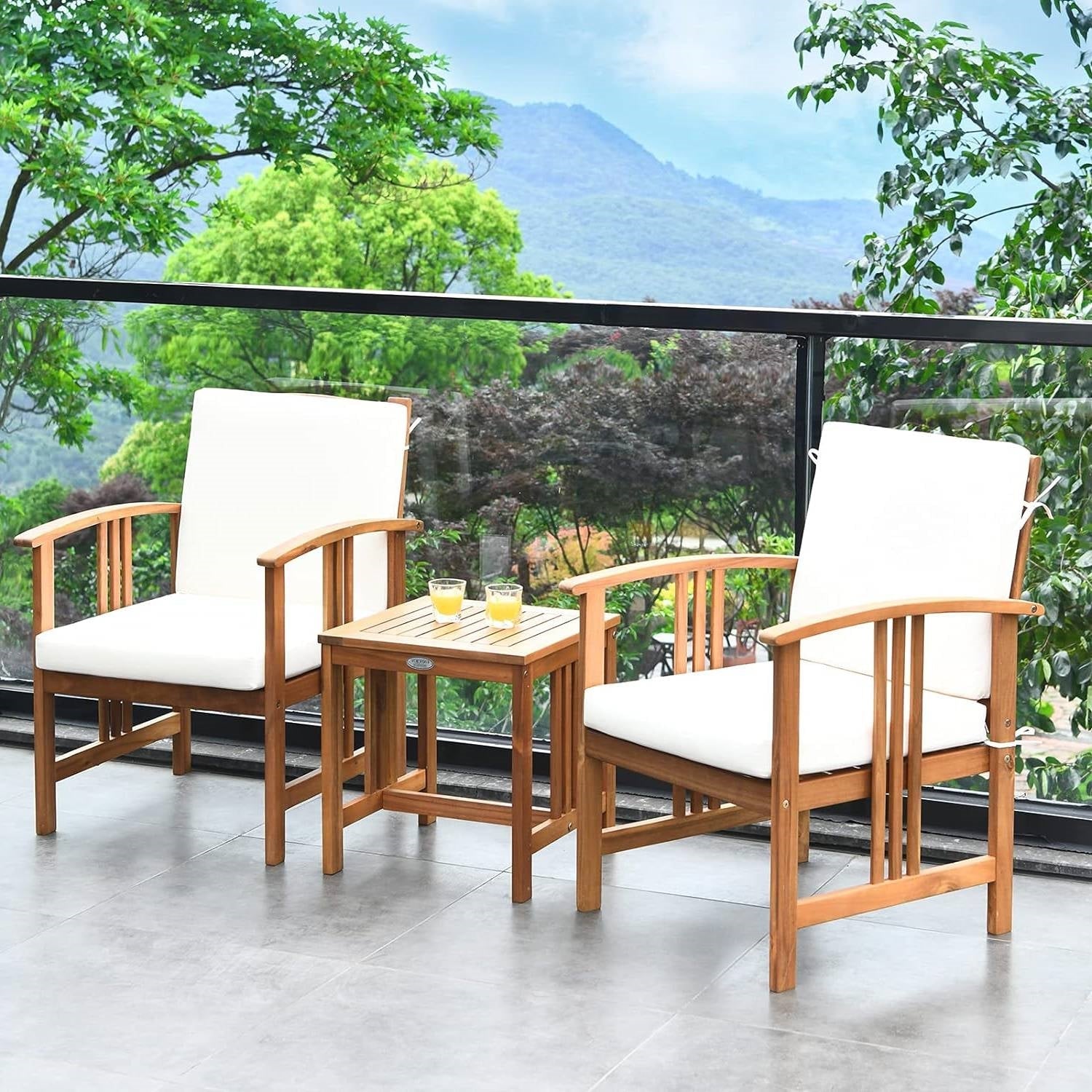 3-Piece Solid Wood Outdoor Patio Furniture Table Chairs Set with White Cushions - Tampa Home & Garden Store