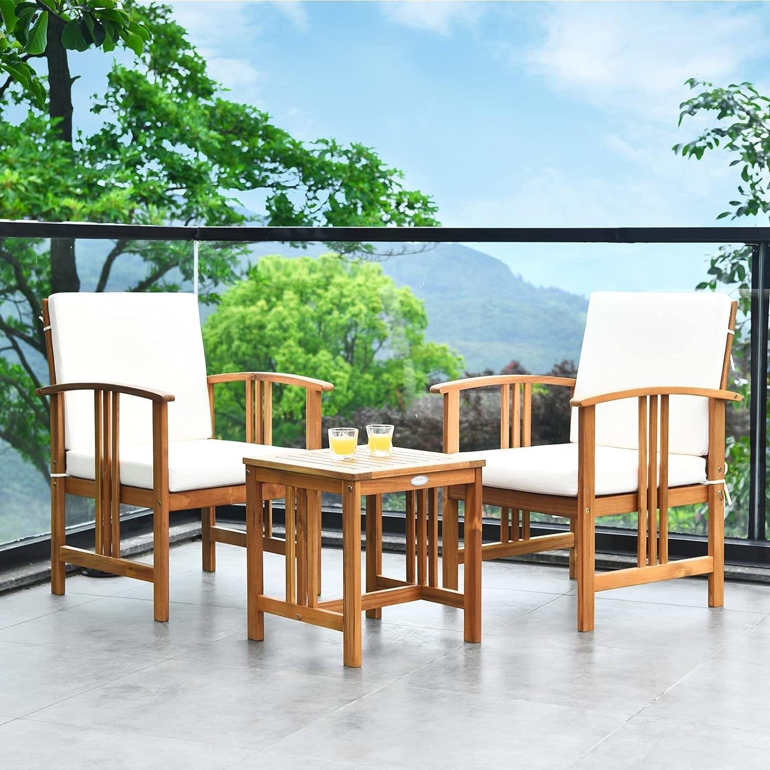 3-Piece Solid Wood Outdoor Patio Furniture Table Chairs Set with White Cushions - Tampa Home & Garden Store