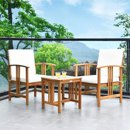 3-Piece Solid Wood Outdoor Patio Furniture Table Chairs Set with White Cushions - Tampa Home & Garden Store