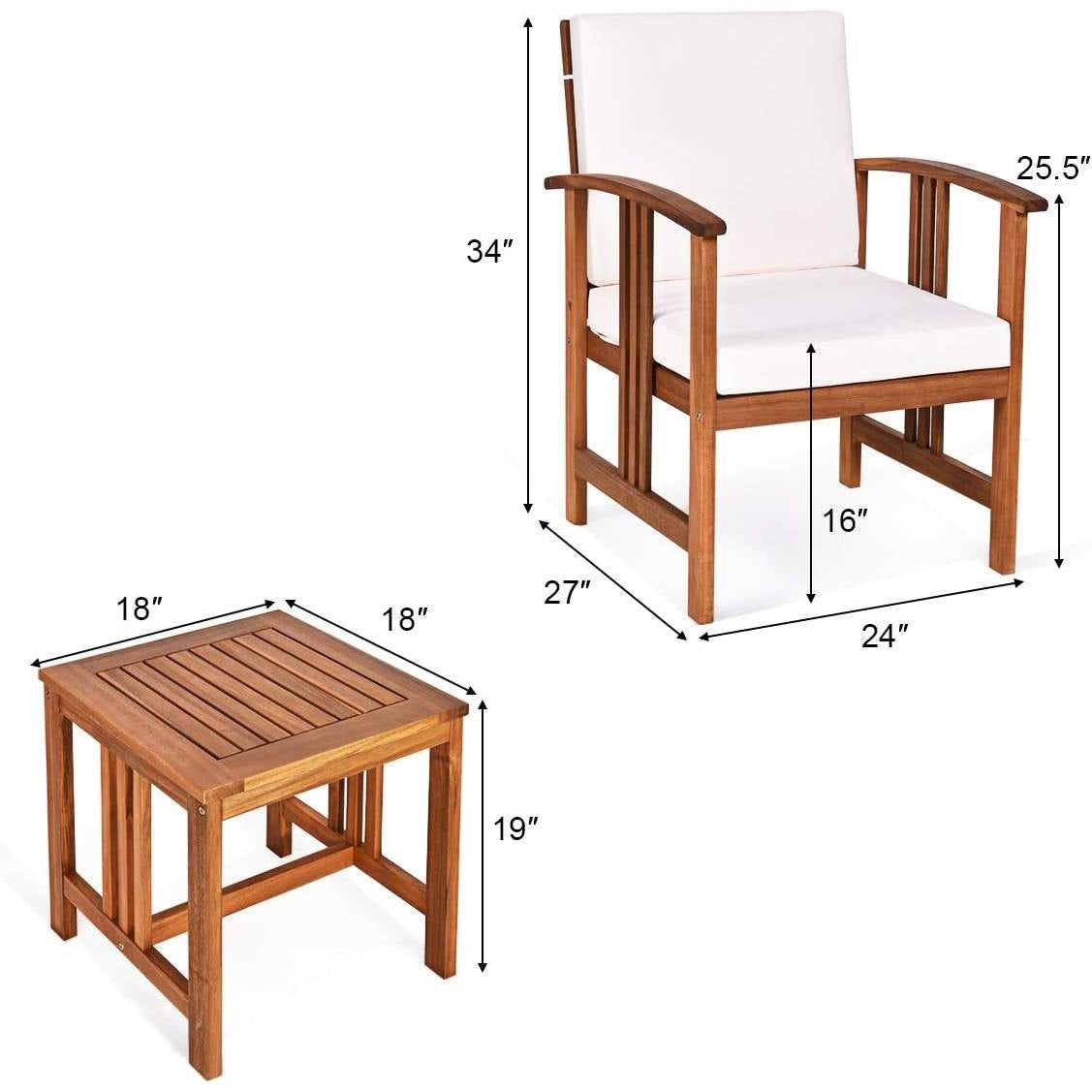 3-Piece Solid Wood Outdoor Patio Furniture Table Chairs Set with White Cushions - Tampa Home & Garden Store