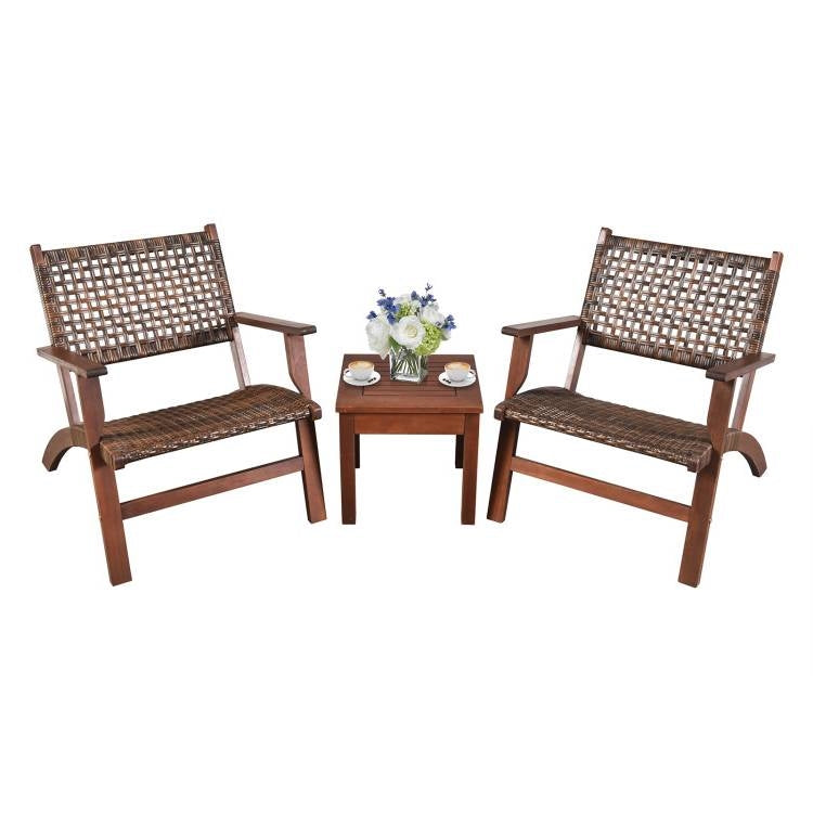 3 Piece Wooden Rattan Outdoor Patio Furniture Chair Table Bistro Set - Tampa Home & Garden Store