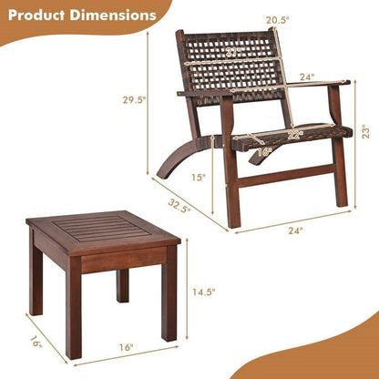 3 Piece Wooden Rattan Outdoor Patio Furniture Chair Table Bistro Set - Tampa Home & Garden Store