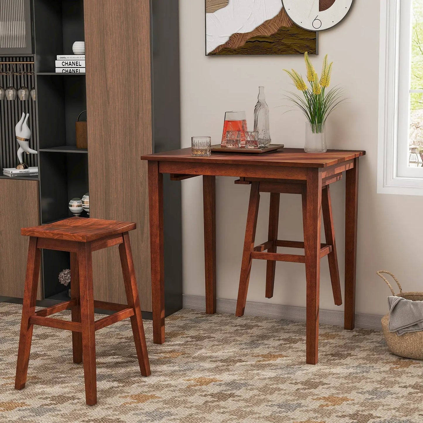 3 Bar Table Set with Pub Table and Saddle Stools