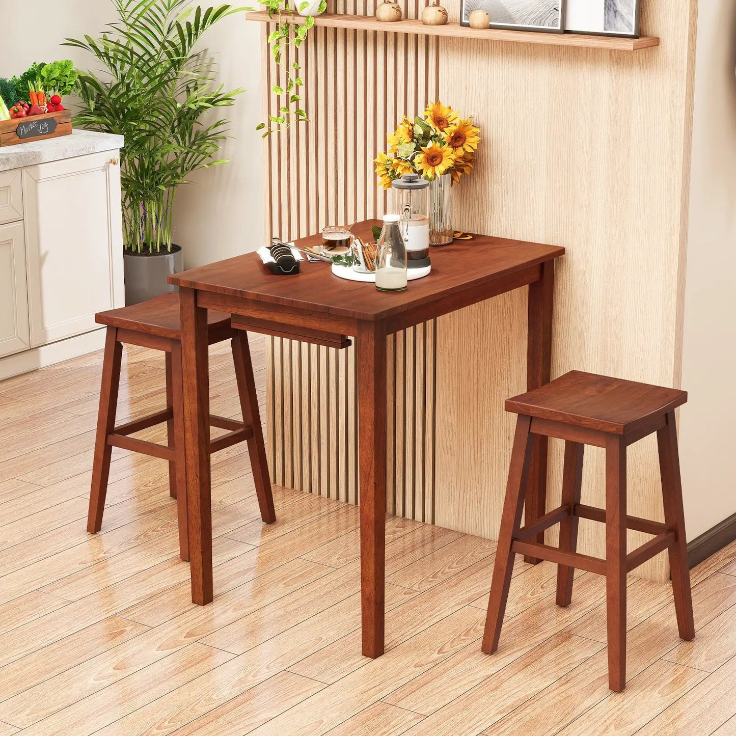 3 Bar Table Set with Pub Table and Saddle Stools