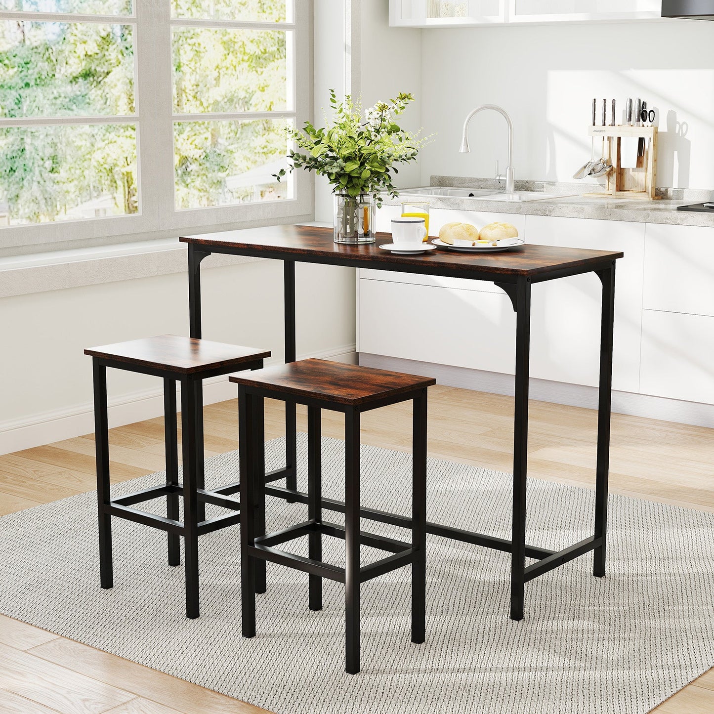 Juego de comedor industrial de 3 piezas de 47.5" con mesa a la altura del mostrador y 2 taburetes de bar-Café