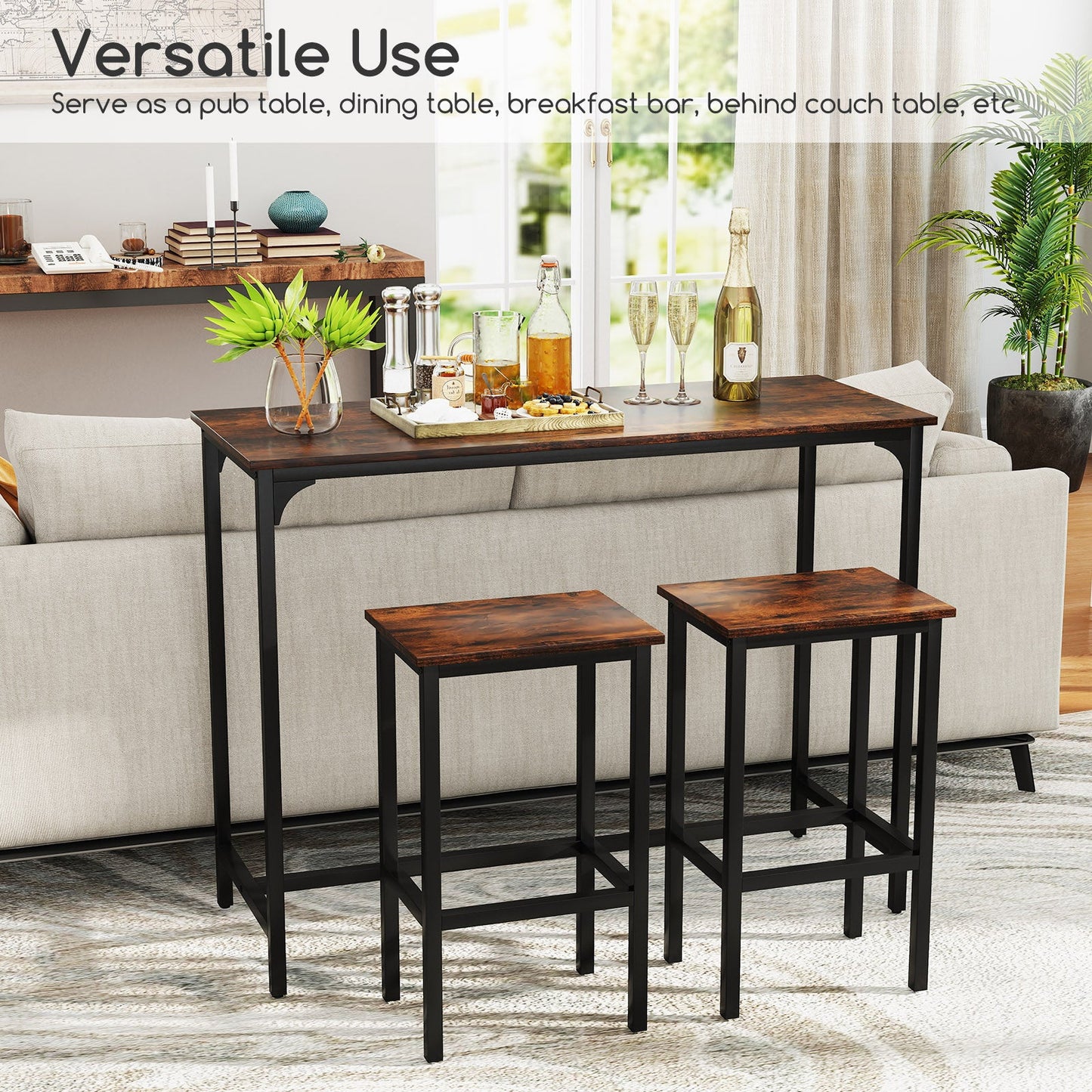 Juego de comedor industrial de 3 piezas de 47.5" con mesa a la altura del mostrador y 2 taburetes de bar-Café