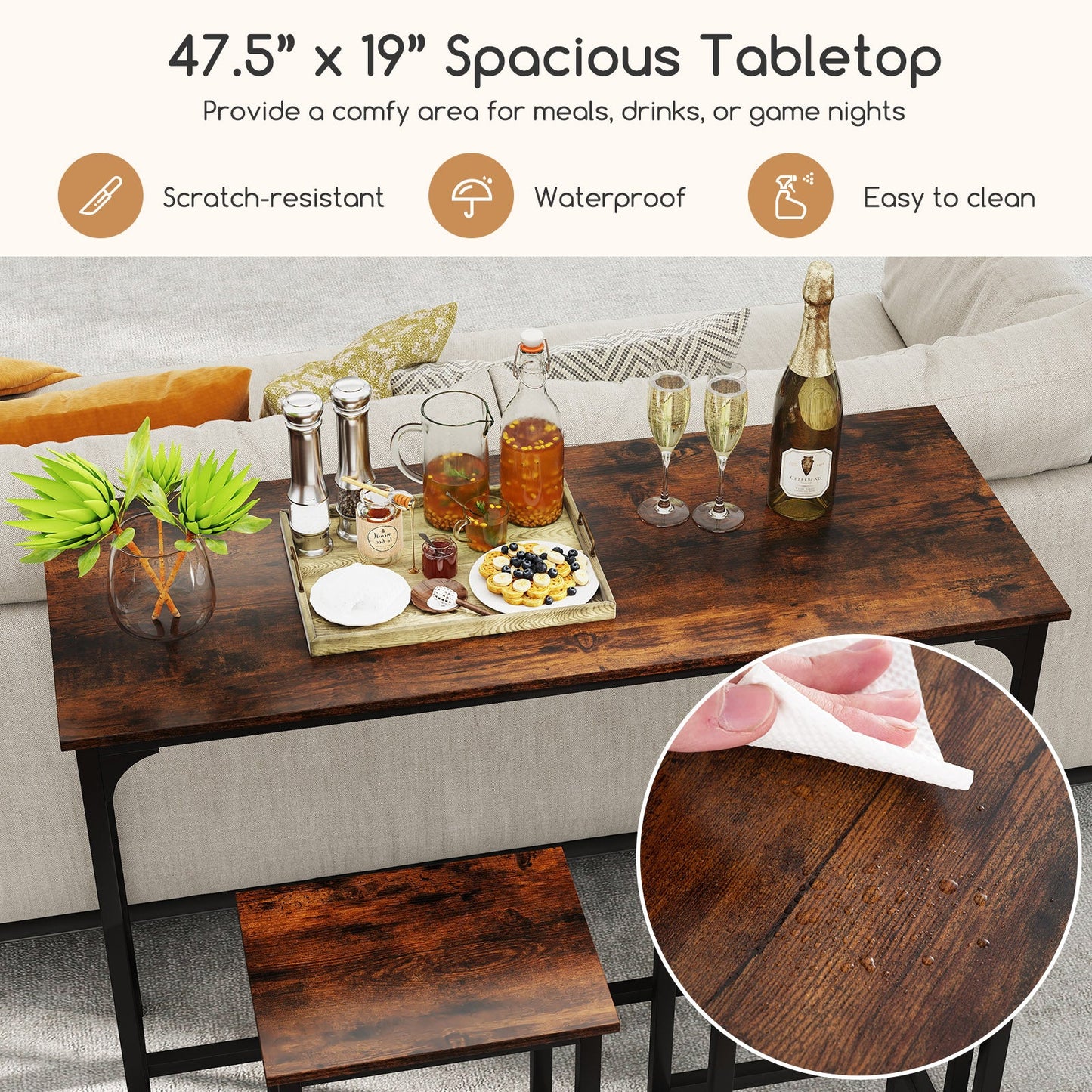 Juego de comedor industrial de 3 piezas de 47.5" con mesa a la altura del mostrador y 2 taburetes de bar-Café