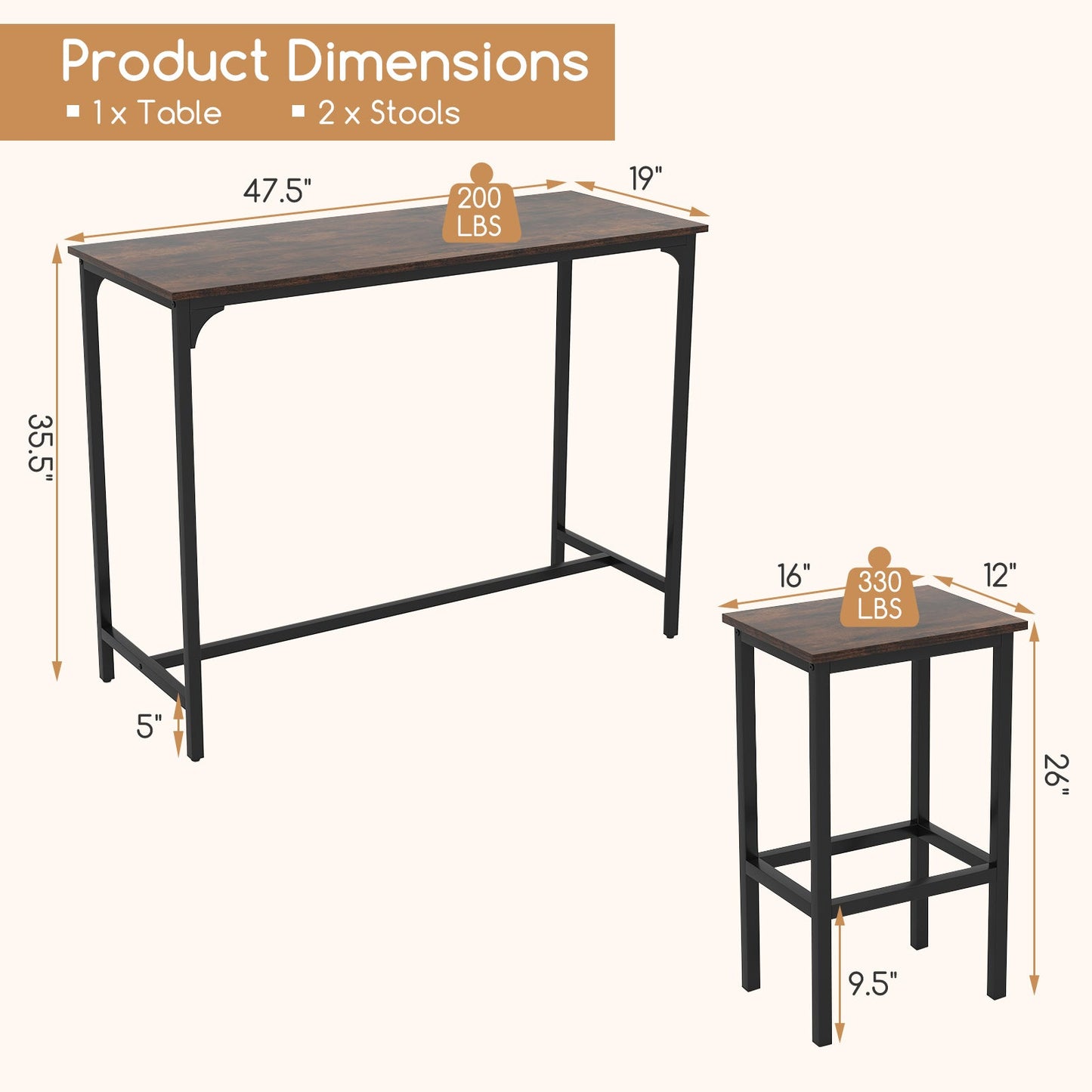Juego de comedor industrial de 3 piezas de 47.5" con mesa a la altura del mostrador y 2 taburetes de bar-Café