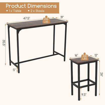 Juego de comedor industrial de 3 piezas de 47.5" con mesa a la altura del mostrador y 2 taburetes de bar-Café
