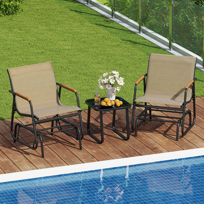 Juego de bistró deslizante de 3 piezas para exteriores con mesa de vidrio templado y estructura de metal - Café