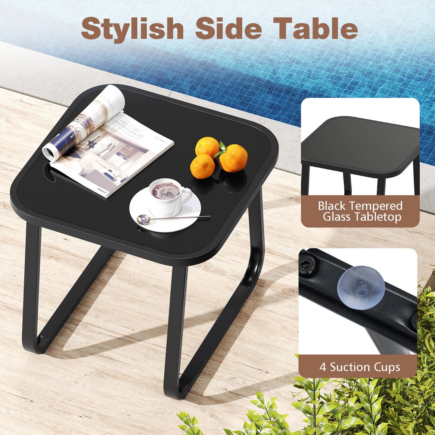 Juego de bistró deslizante de 3 piezas para exteriores con mesa de vidrio templado y estructura de metal - Café