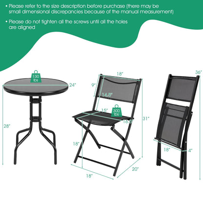 3 Pieces Folding Bistro Table Chairs Set for Indoor and Outdoor - Tampa Home & Garden Store