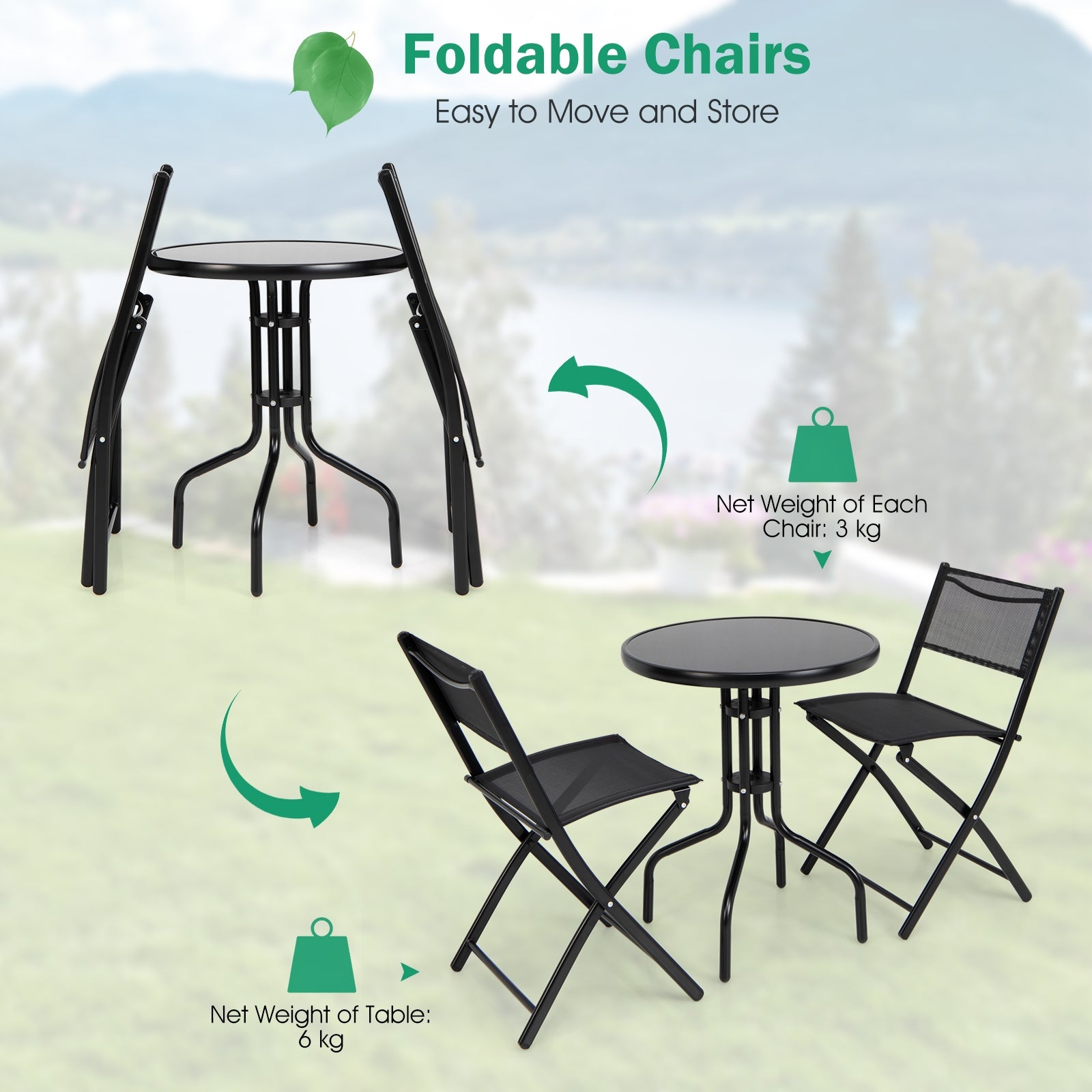 3 Pieces Folding Bistro Table Chairs Set for Indoor and Outdoor - Tampa Home & Garden Store