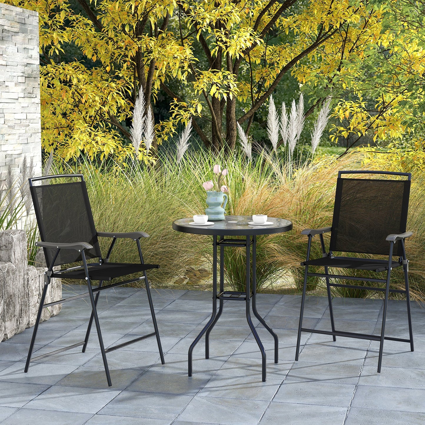3 Pieces Outdoor Bar Stool Set with DPC Tabletop and Umbrella Hole for Poolside-Black - Tampa Home & Garden Store