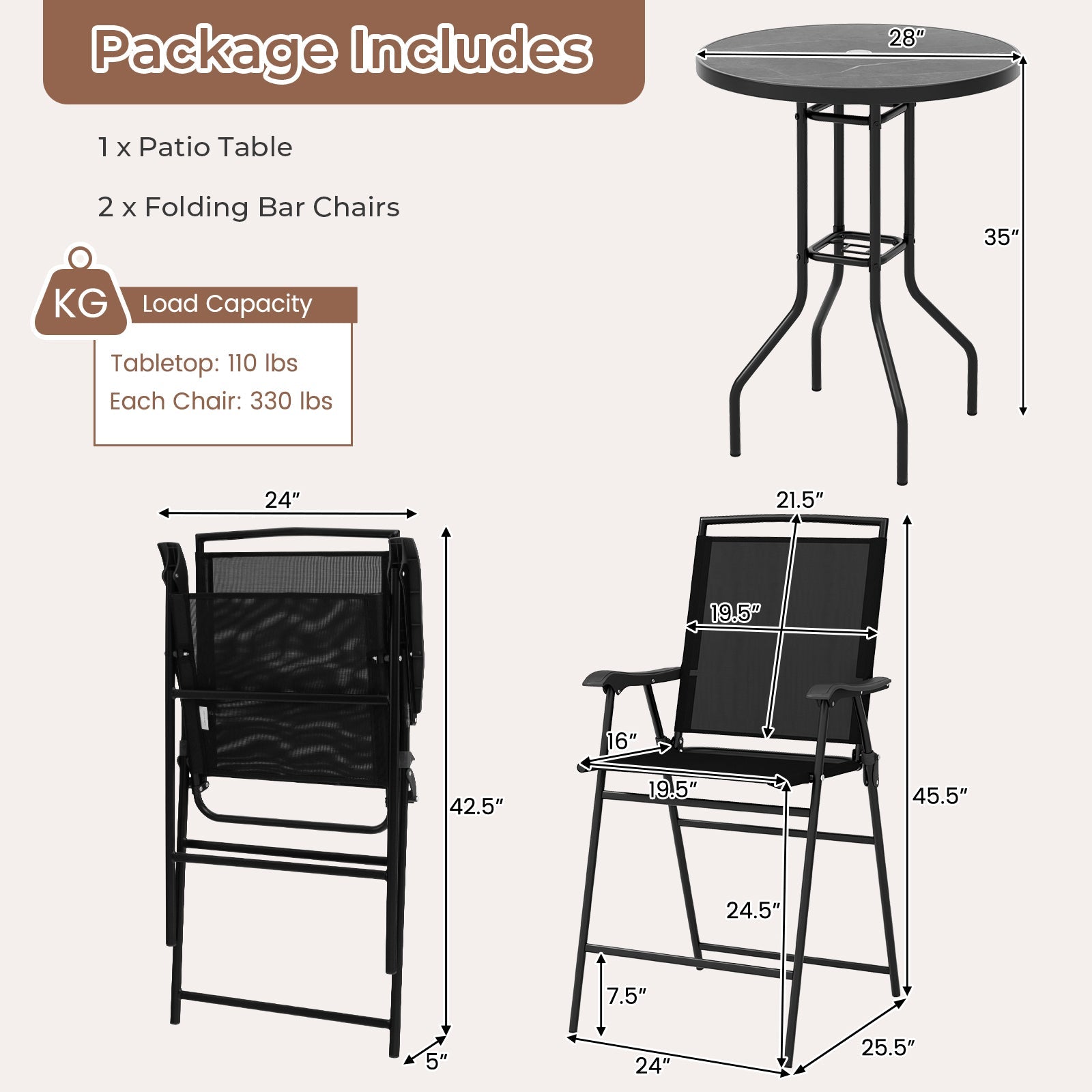 3 Pieces Outdoor Bar Stool Set with DPC Tabletop and Umbrella Hole for Poolside-Black - Tampa Home & Garden Store