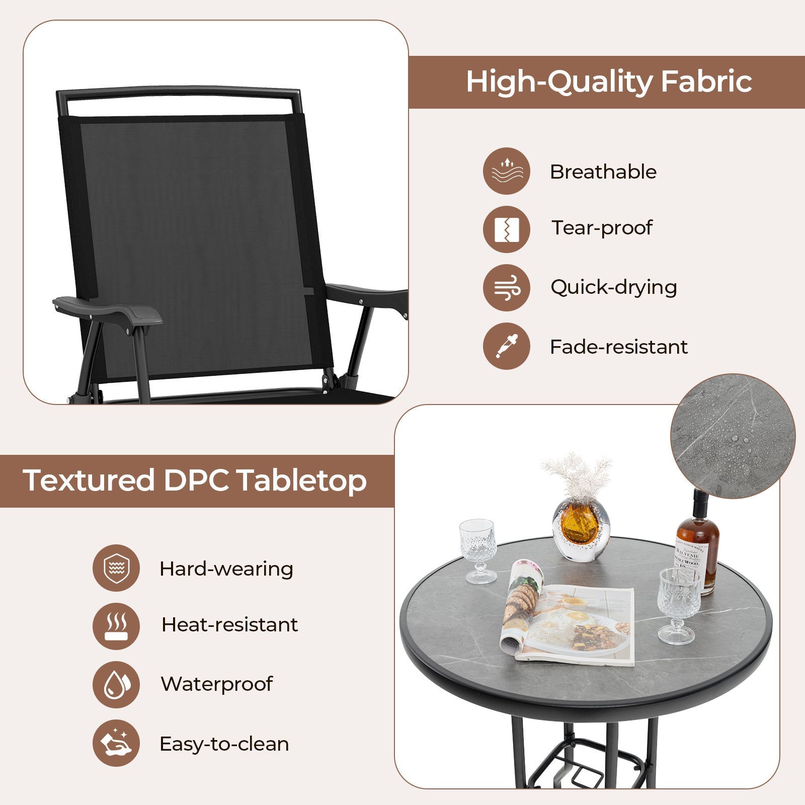3 Pieces Outdoor Bar Stool Set with DPC Tabletop and Umbrella Hole for Poolside-Black - Tampa Home & Garden Store