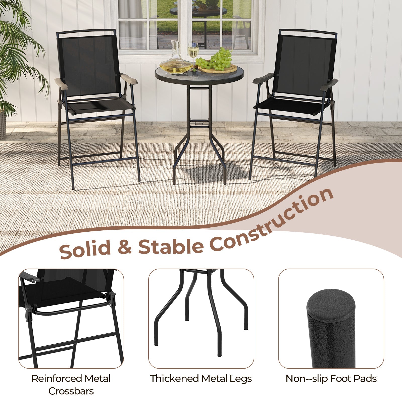 3 Pieces Outdoor Bar Stool Set with DPC Tabletop and Umbrella Hole for Poolside-Black - Tampa Home & Garden Store