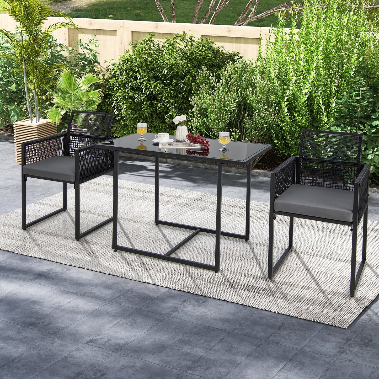 3 Pieces Outdoor Dining Set with Folding Backrest and Seat Cushions-Black - Tampa Home & Garden Store