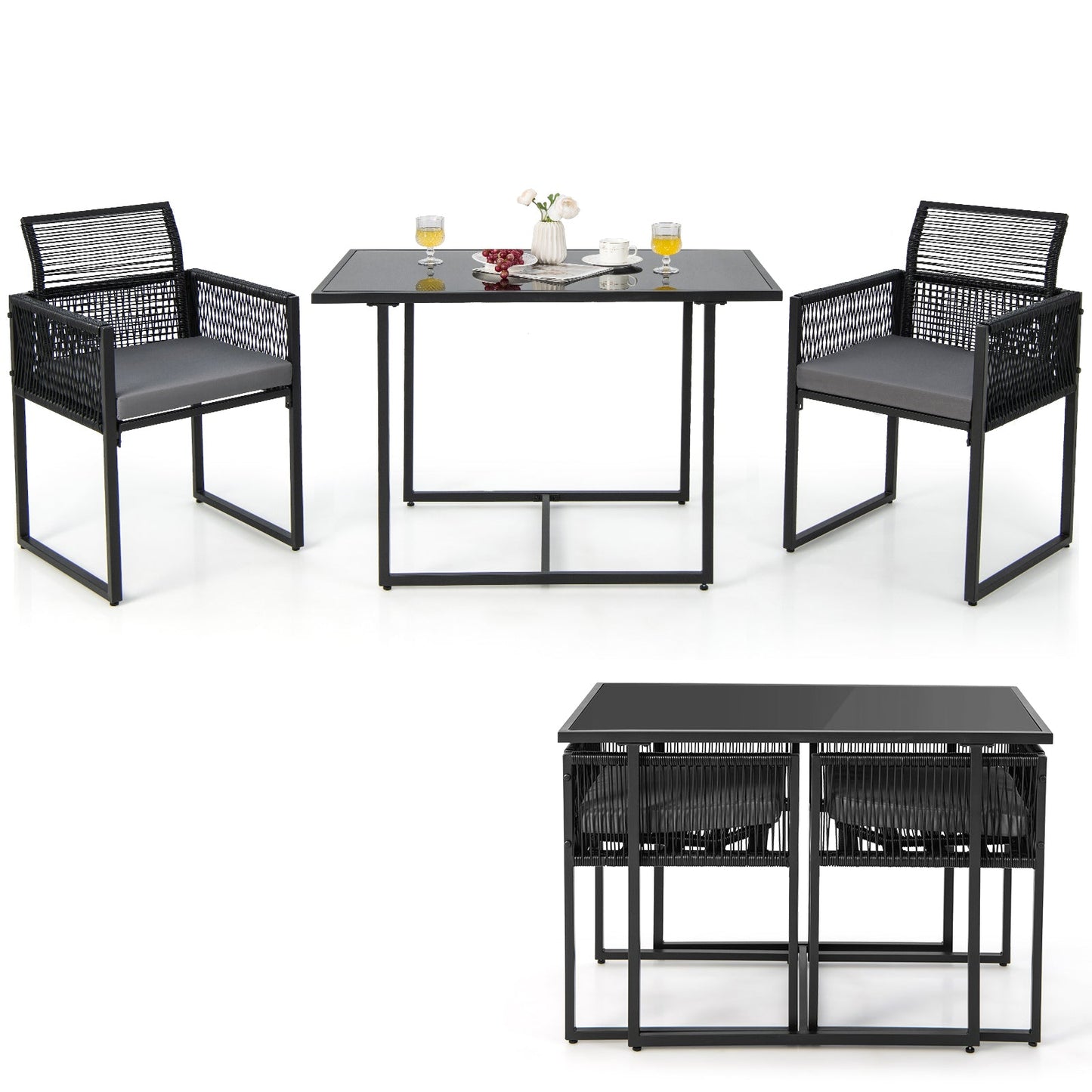 3 Pieces Outdoor Dining Set with Folding Backrest and Seat Cushions-Black - Tampa Home & Garden Store