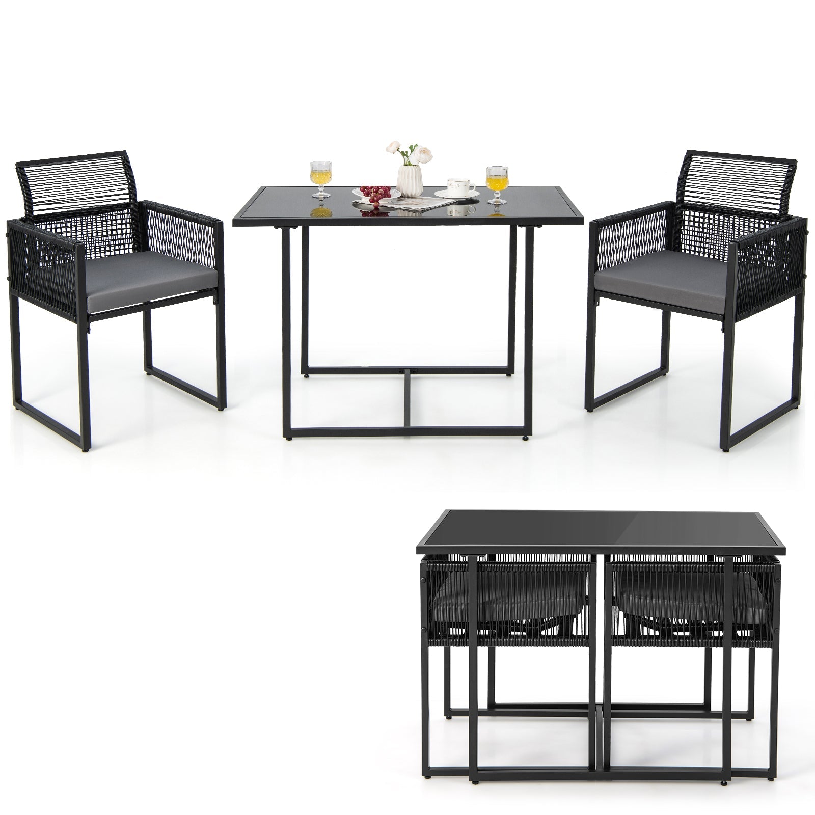3 Pieces Outdoor Dining Set with Folding Backrest and Seat Cushions-Black - Tampa Home & Garden Store