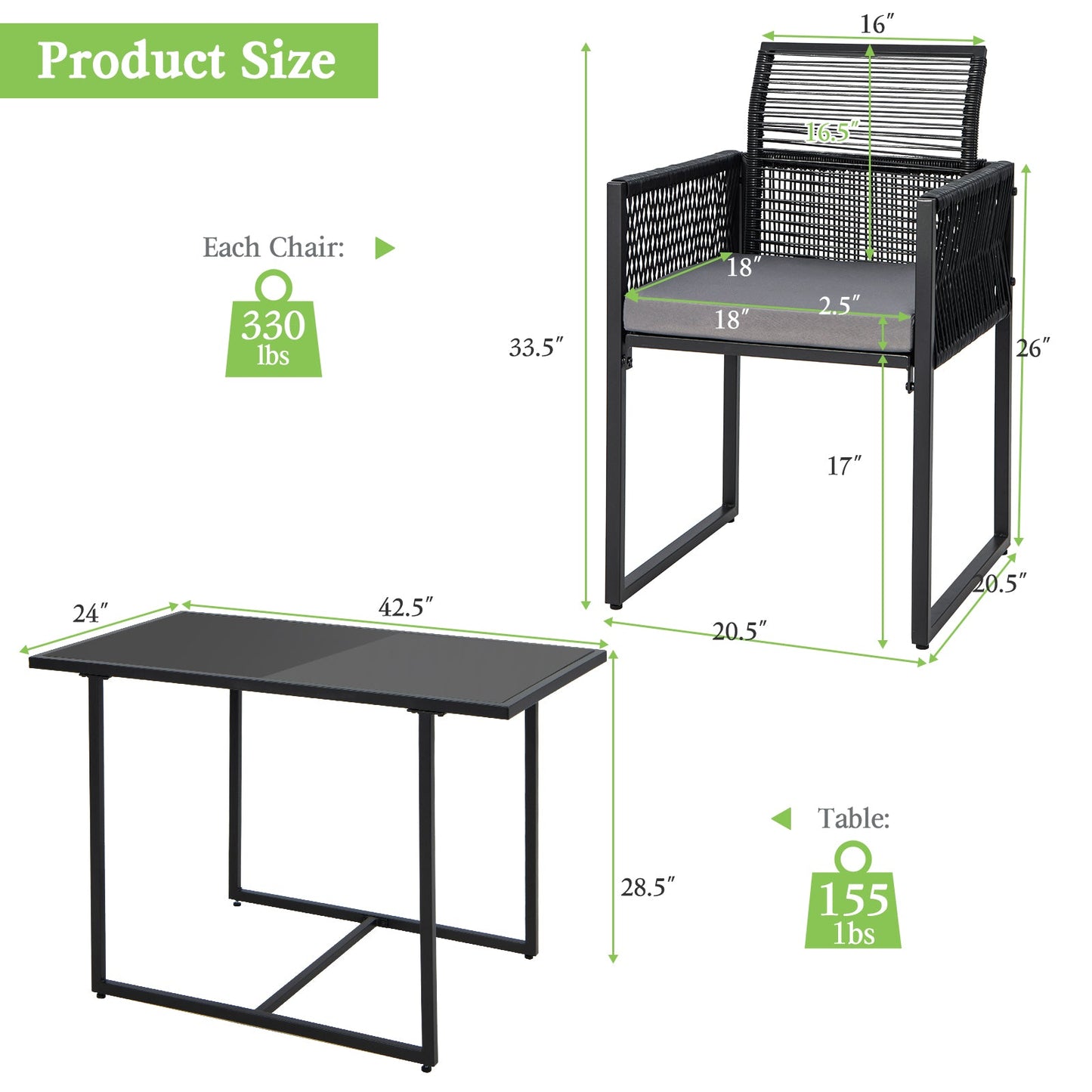 3 Pieces Outdoor Dining Set with Folding Backrest and Seat Cushions-Black - Tampa Home & Garden Store