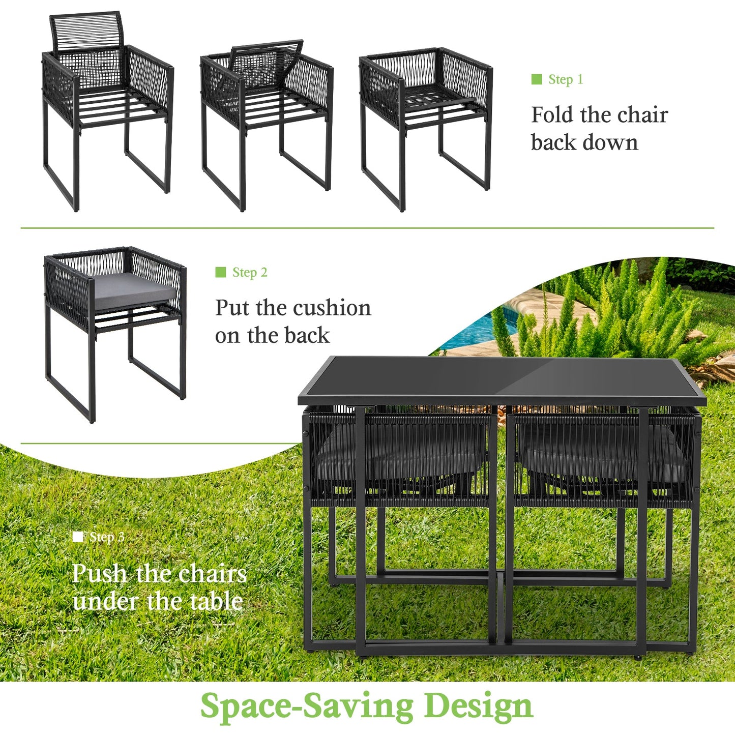 3 Pieces Outdoor Dining Set with Folding Backrest and Seat Cushions-Black - Tampa Home & Garden Store