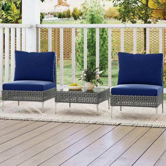 3 Pieces PE Rattan Conversation Chairs with Tempered Glass Coffee Table for Garden Porch-Navy - Tampa Home & Garden Store